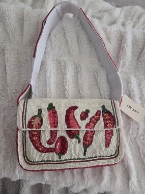 Hand-Beaded Chili Pepper Shoulder Bag in Cream and Red